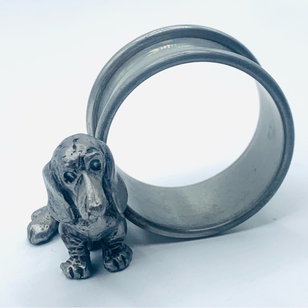 Vintage Pewter Dachshund Figural Napkin Rings Set of 2 Heavy Dog Decor 70's - Picture 10 of 15